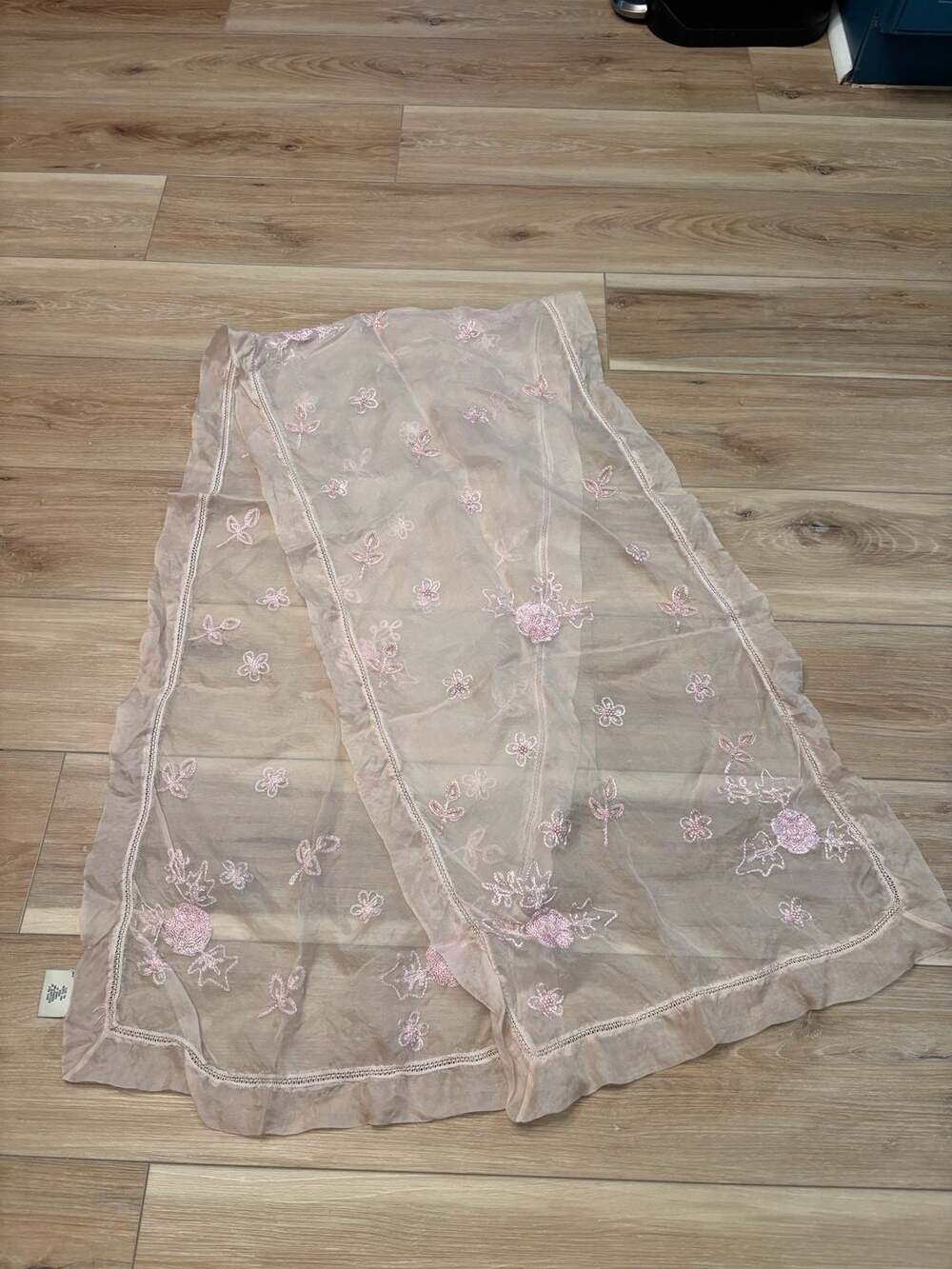 Lord & Taylor Pink Floral Embroidered Silk Scarf with Beaded Detail